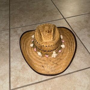 Stylish Mexican Vintage OG Tan Beige Pink White Floral Straw Hat